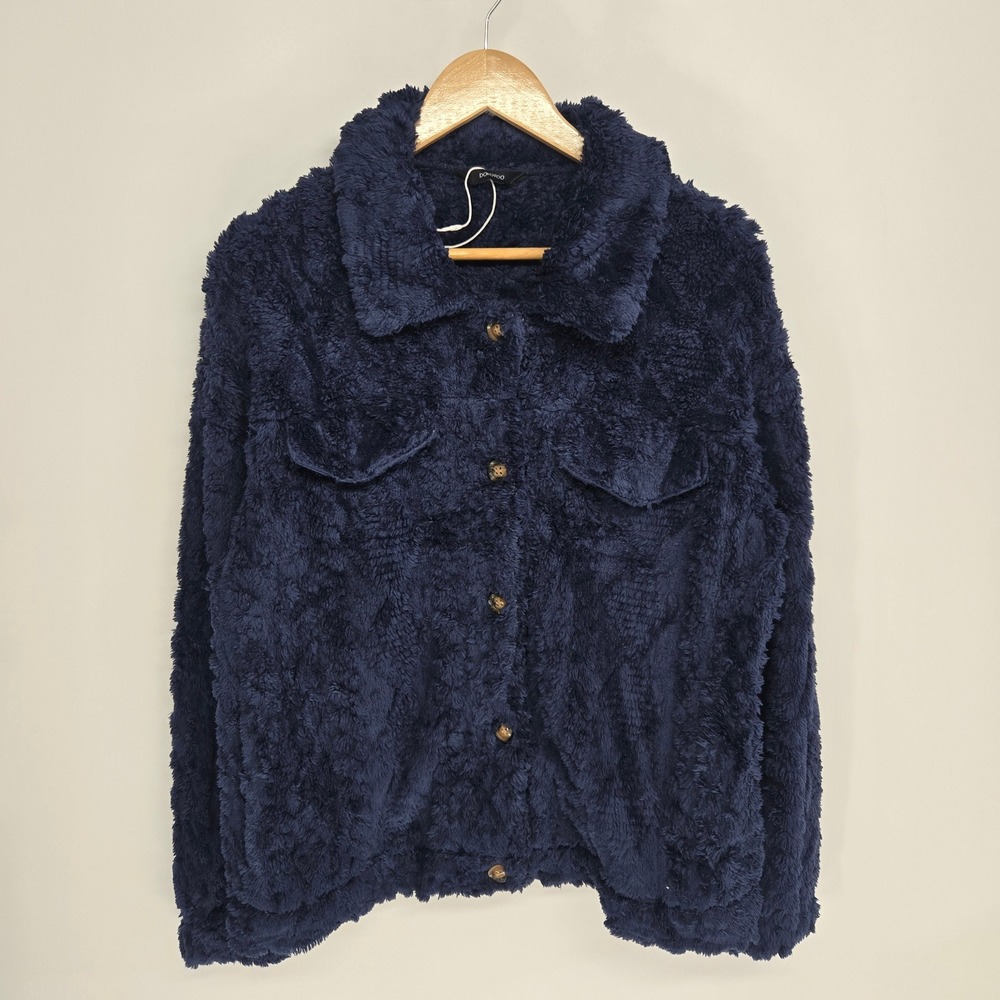 Dokotoo Fleece Jacket Womens M Navy Blue Faux Fur Teddy Button Up Shaggy Coat